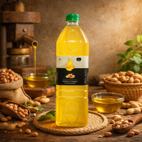 Cold pressed groundnut oil bottle by Midhura Oils for cooking