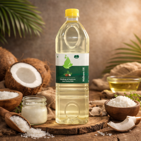 Cold pressed coconut oil bottle by Midhura Oils for cooking and hair care