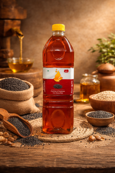 Cold pressed sesame oil bottle by Midhura Oils for cooking and oil bath